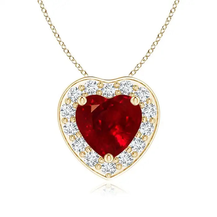14K Solid Gold Natural Red Ruby & Diamond Halo Heart Shape Pendant Luxury Valentine's Gift For Her High Quality Diamond Pendant