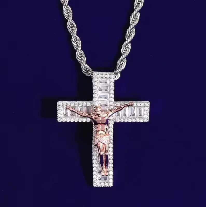 BiG-BOSS Iced Out Cross Pendant for Men with Sterling Silver Jesus Figure Freshwater Pearl Moissanite Luxury Hip Hop Jewelry Style Party