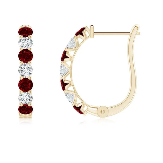 14kt Solid Gold Hoop Earrings Ruby With Round Brilliant Cut Diamonds And Red Gemstones Prong Setting Women's Jewelry