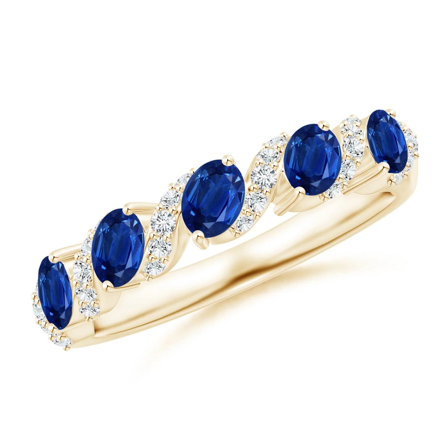 14K Solid Gold 4*3MM Oval Cut Natural Blue Sapphire Five Stone Swirl Ring with Diamonds Fine Jewelry Half Eternity Wedding Ring