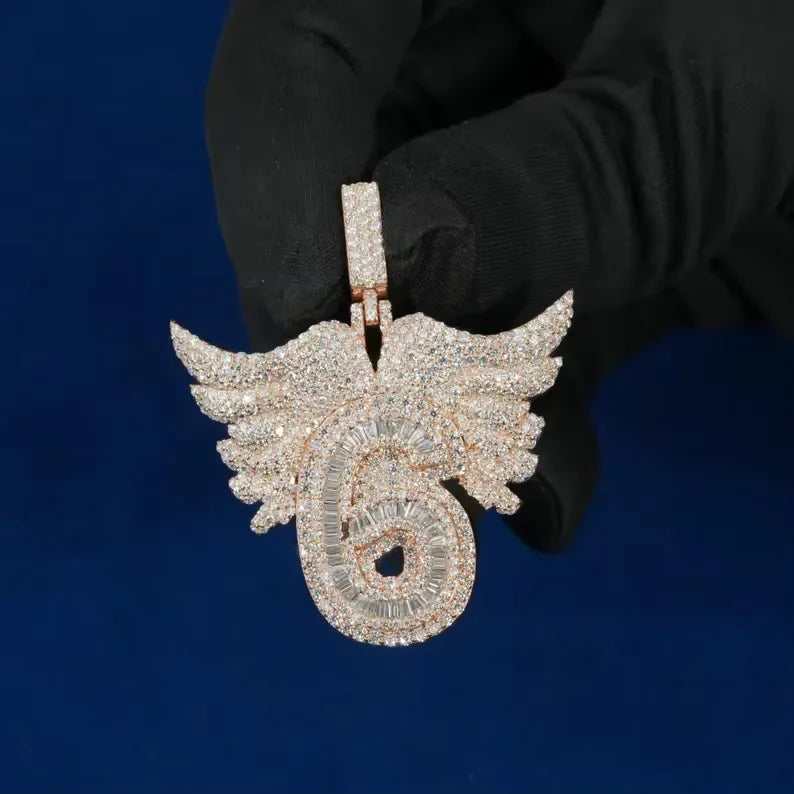 BiG-BOSS Iced Out Number 6 Angel Wings Pendant Moissanite Custom Hip Hop Statement Jewellery for Men