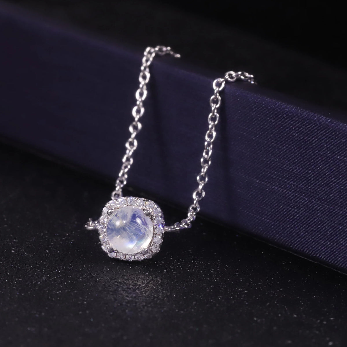 ArtistA Fine Jewelry Cz Square Halo 925 Sterling Silver Natural Moonstone Link Chain Charm Bracelet Anklets for Women
