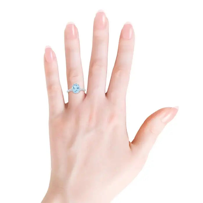 14K Pure Gold 10*8MM Oval Cut Natural 2.42Ctw Aquamarine Bypass Ring with Pave Sett 0.22Ct Diamond Accents Certified Trendy Ring