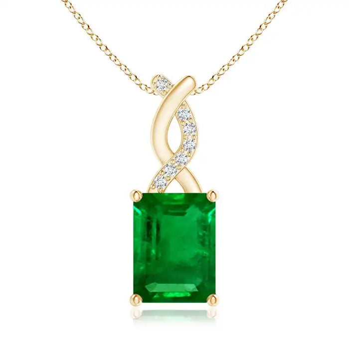 14k Solid Gold Natural Green Emerald Pendant With Diamond Entwined Bale Beautiful Design Party Wear Luxury Fine Jewelry Pendant
