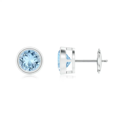14kt Rose Gold Solitaire Aquamarine Stud Earrings Bezel Set Round Cut Minimalist Fine Jewelry Earrings for Women