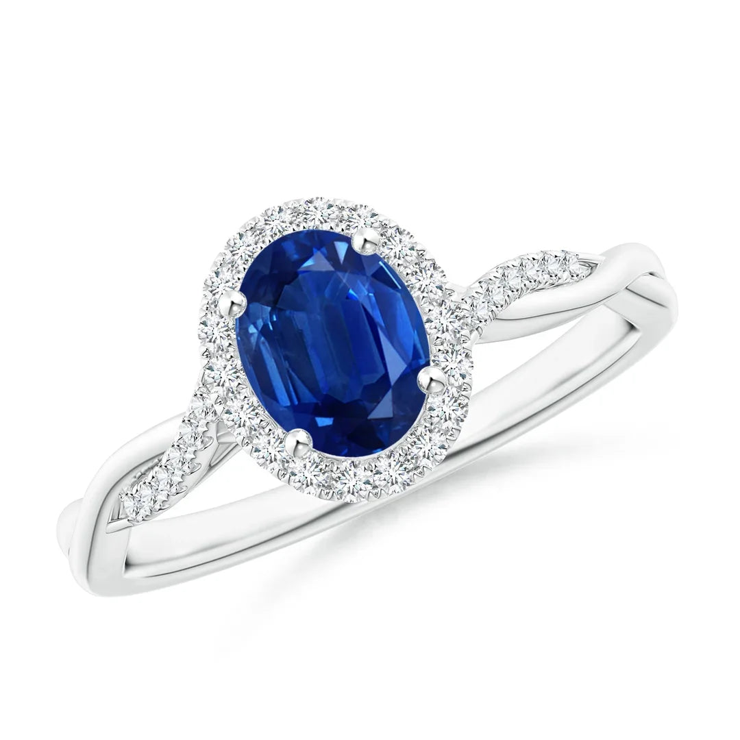 14K Solid Gold Oval Sapphire Halo Twisted Vine Ring Handmade Customized Fine Jewelry Wedding Engagement Ring