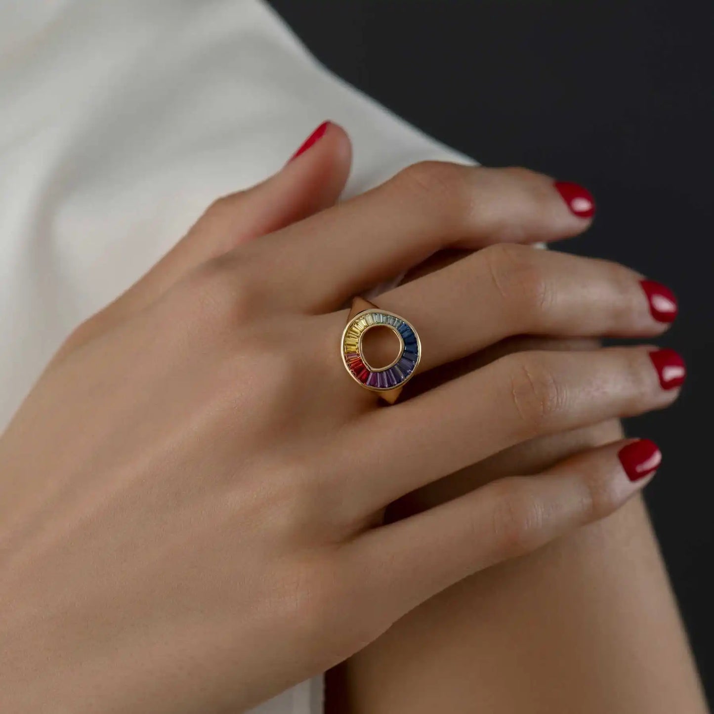 14K Solid Gold Natural Multi Color Rainbow Sapphire Baguette Sphere Ring 2.5mm Band Width 1 Carat Rainbow Sapphire Sphere Rings