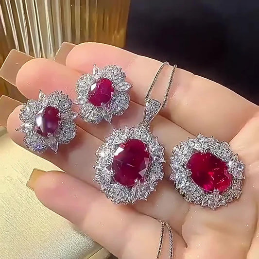 Gemfiori Luxury Oval Cut Ruby Jewelry Set Flower Round CZ Pendant Necklace Ring Earring Vintage Royal Red Gemstone Jewelry Gift for Women