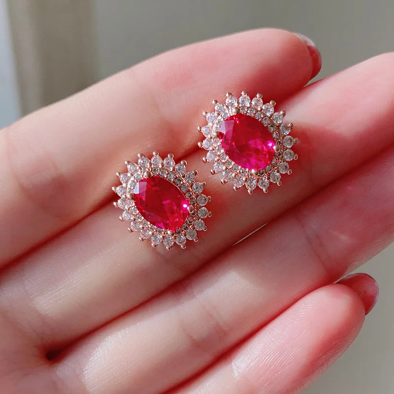 Gemfiori Luxury Brass Gold Plated Bridal Jewelry Wedding Vintage Full Zircon Oval Red Lab Diamond Necklace Drop Earrings Ring Jewelry Set