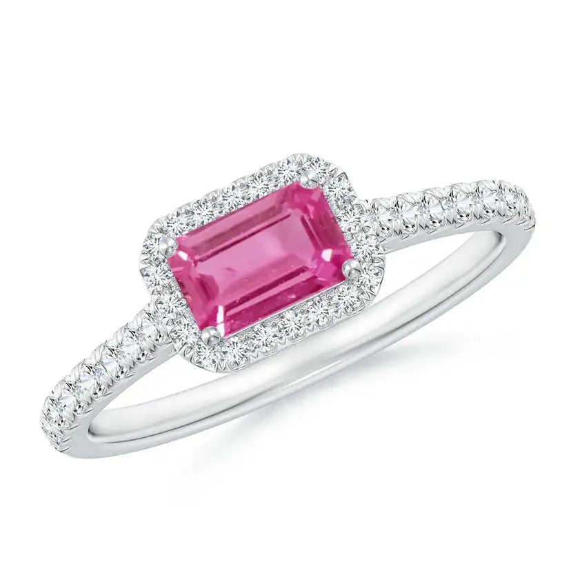 14K Solid Gold East West Emerald-Cut Pink Sapphire Halo Engagement Ring Handmade Customized Fine Jewelry Wedding Engagement