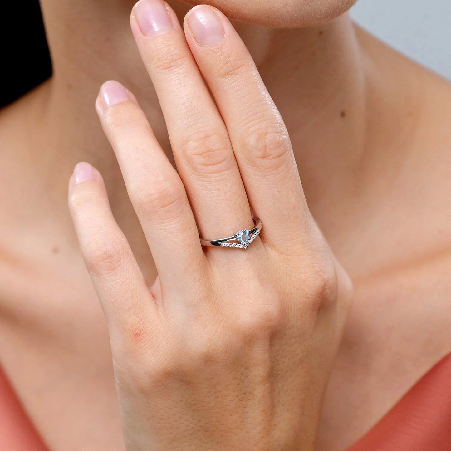 Top Quality Natural Heart Cut Aquamarine Gemstone With Pave Diamond Chevron Band Ring 14K Custom Handmade Wedding Ring For Her