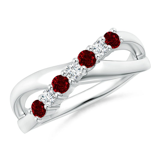 14K Solid Gold Natural Round Brilliant Cut 0.62Ctw Ruby and 0.22Ctw Diamond Crossover Ring Unique Handmade Wedding Ring For Her