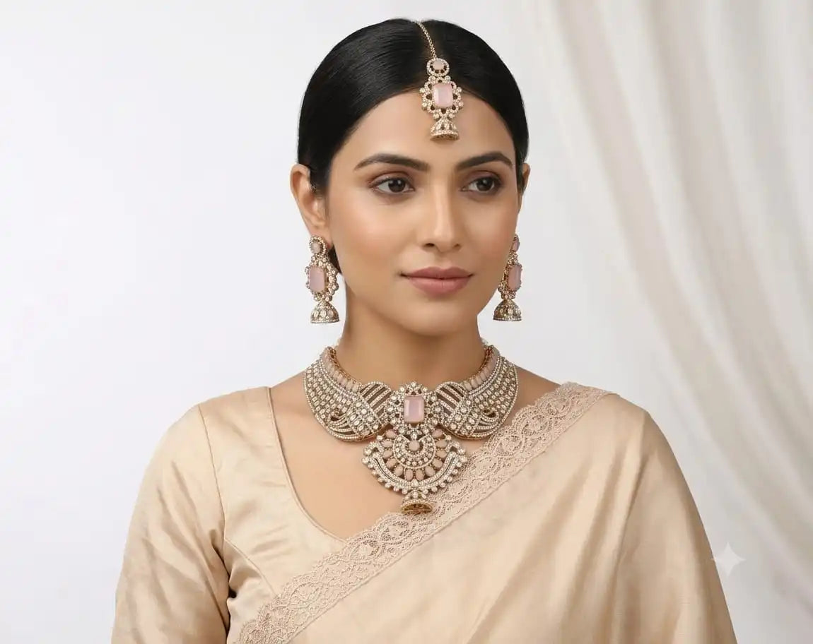 Emerald Green Kundan Polki Choker Necklace Set with Matching Jhumka Earrings and Maang Tikka for Women, Traditional Jewelry Set