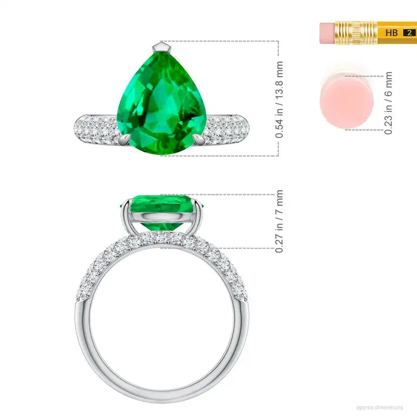 14K Solid Gold Off-Centered Pear Emerald Engagement Ring with Diamond Accents Handmade Customized Fine Jewelry Wedding