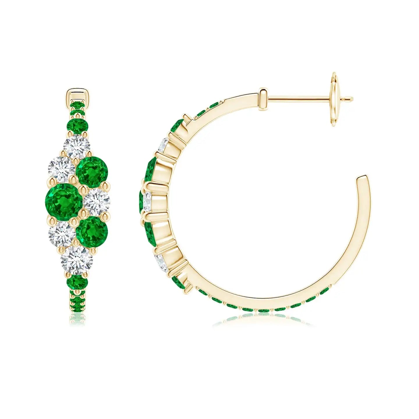 Cluster Hoop Design with Round Emeralds and Diamonds, Floral-Inspired Setting, 14kt Solid Gold Finish and Hinged Closure