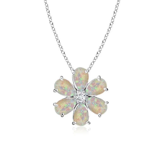 Top Quality 14K 18K Solid Gold 6*4MM 2.1Ct Ethiopian Opal Gemstone Flower Cluster Pendant with IGI Certified Center Diamond OEM