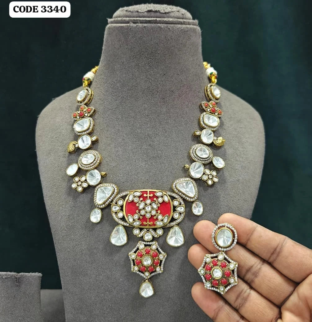Antique Gold Plated Kundan Statement Necklace Set with Red Enamel Floral Pendant Earrings Wedding Jewelry Set For Women