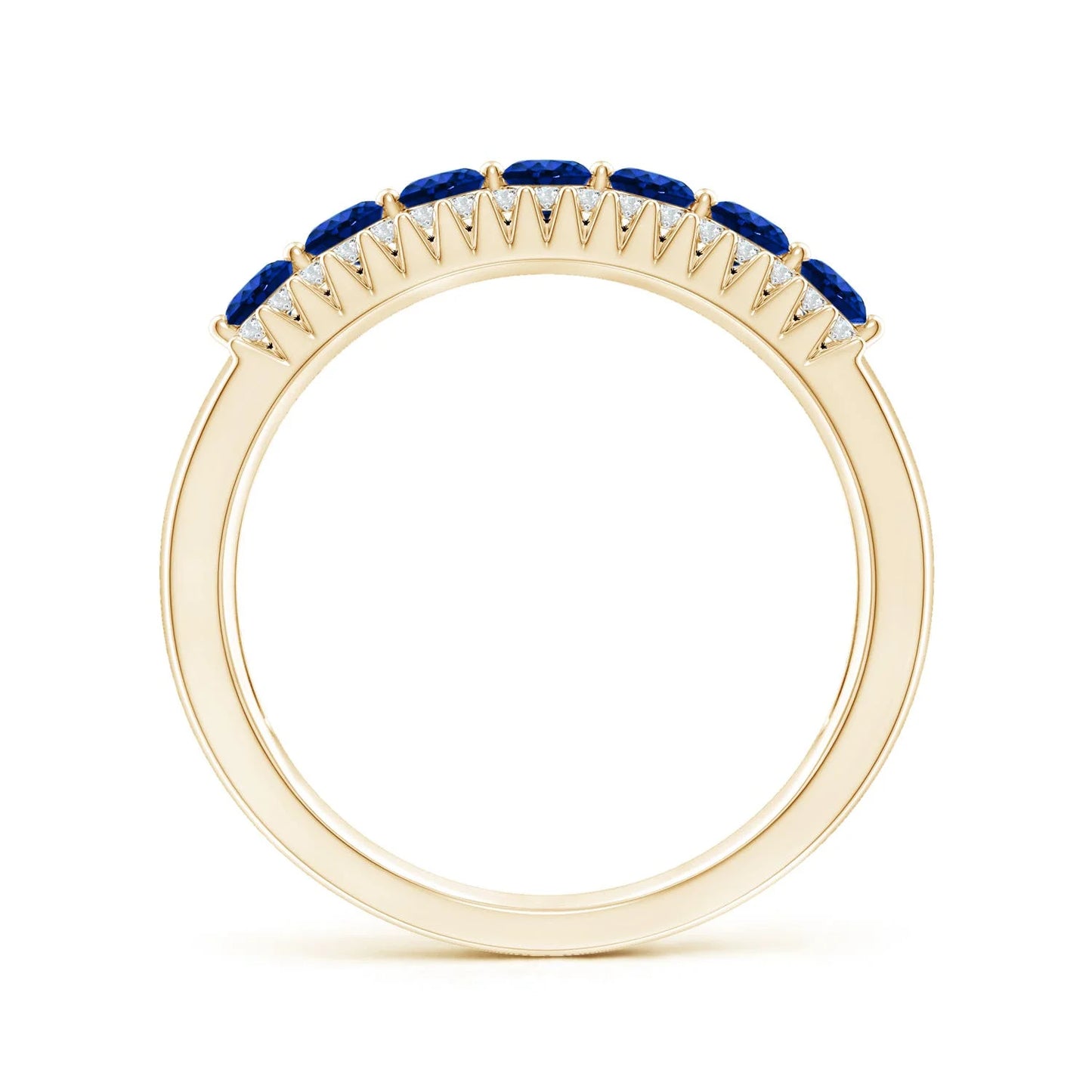 14K Solid Gold Floating Round Natural Blue Sapphire Gemstone Half Eternity Ring with Diamonds Dainty Stacking Wedding Ring Band