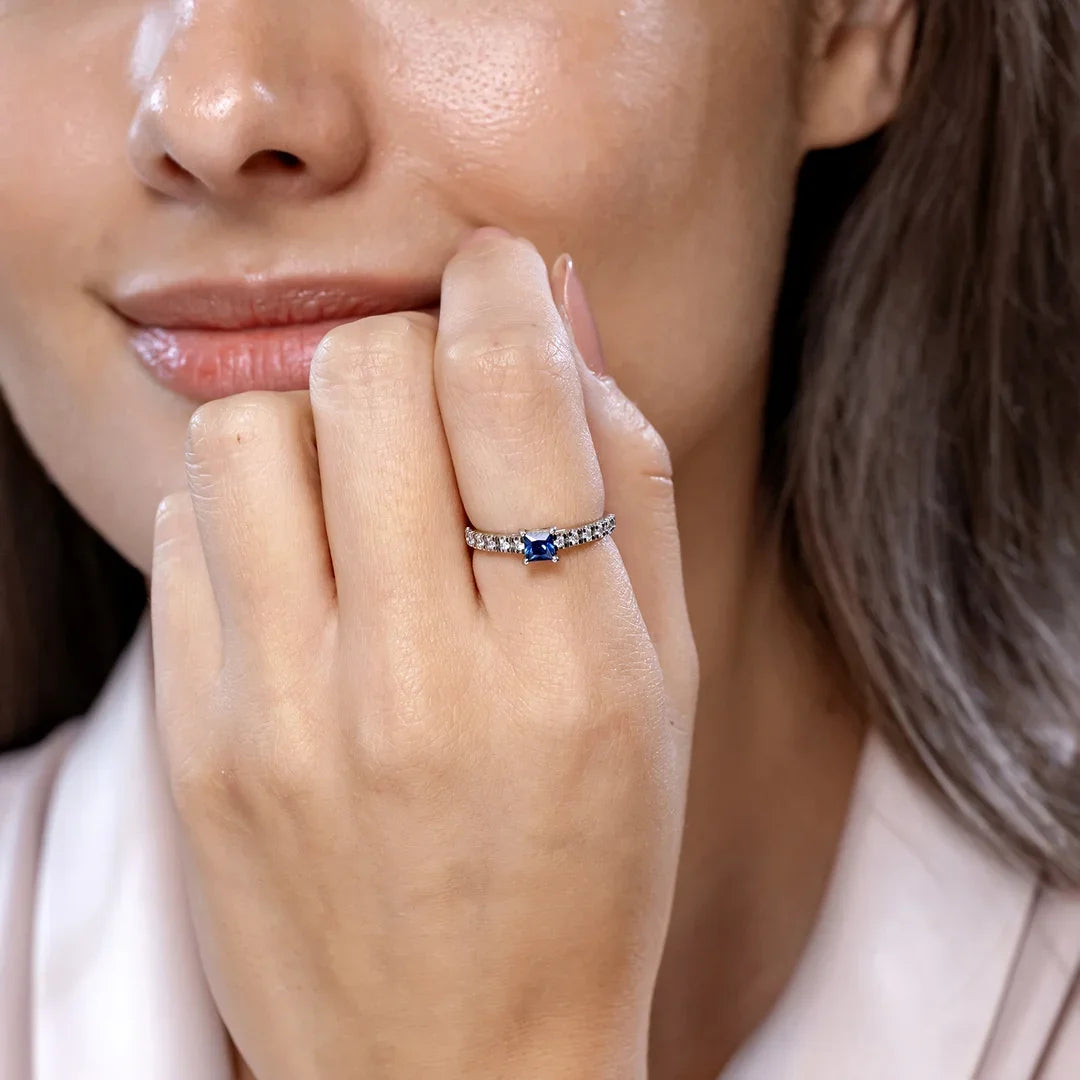 14K Solid Gold Solitaire Square Sapphire Ring with Diamond Accents Handmade Customized Fine Jewelry Wedding Engagement Ring
