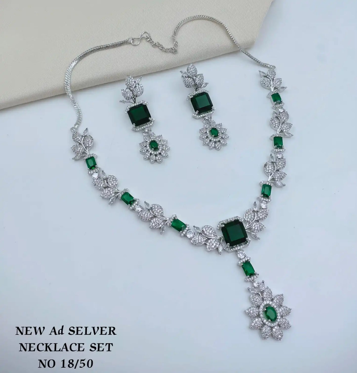 Designer Green AD Silver Plated Emerald Cut CZ Necklace Set with Earrings Floral Leaf Party Wear Jewelry Wholesale Set For Women