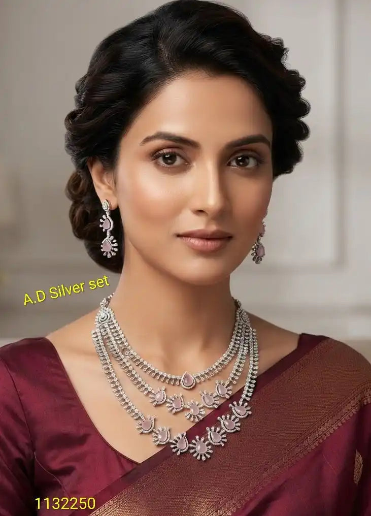 Luxury Layered AD Silver Pink Necklace Set Premium Bridal Wedding Party Wear Jewelry with Matching Earrings for Women