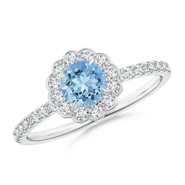 14K Pure Gold Vintage Style 5MM Natural Aquamarine Flower Shape Ring with Pave Accent Diamond Handmade Fine Jewelry Wedding Ring