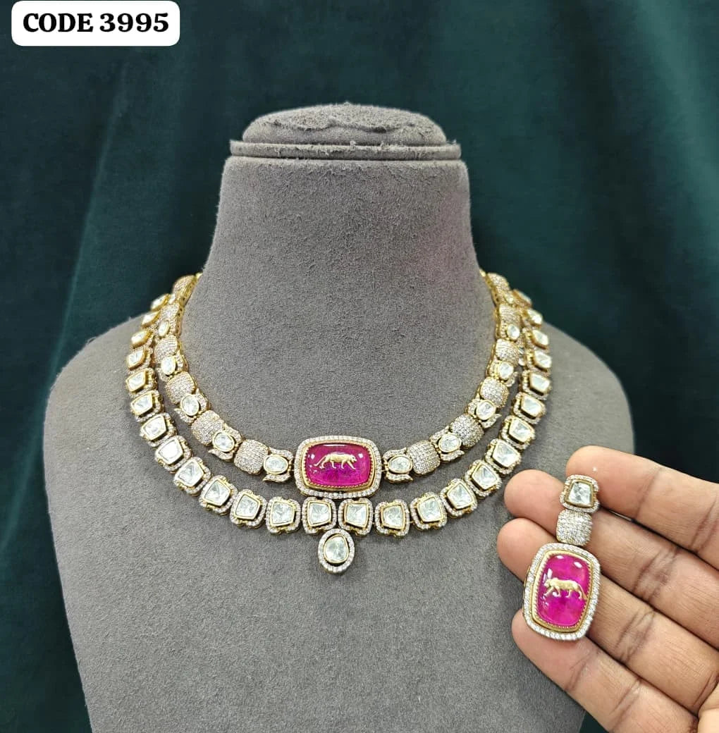 Luxury CZ Kundan Necklace Set for Women Gold Plated Bridal Wedding Party Designer Jewelry with Earrings Pink Pendant For Women