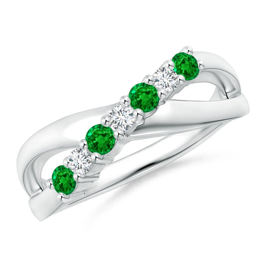 14k Gold 3mm Round Cut Emerald Gemstone & Pave Diamond Crossover Shank Ring Trendy Top Selling Bridal Engagement Ring Wholesale