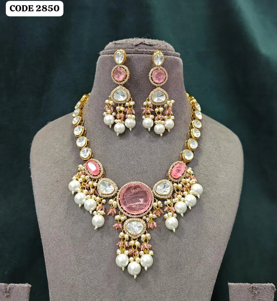 Luxury Pink Crystal Kundan Statement Necklace Set with American Diamond Pearl Gold Plated Bridal Wedding Party Jewelry Set