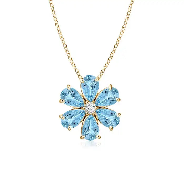 IGI Certified Pear Cut Six Aquamarine Gemstone Flower Cluster Pendant With Center Diamond 14k Gold Floral Petal Shape Pendant