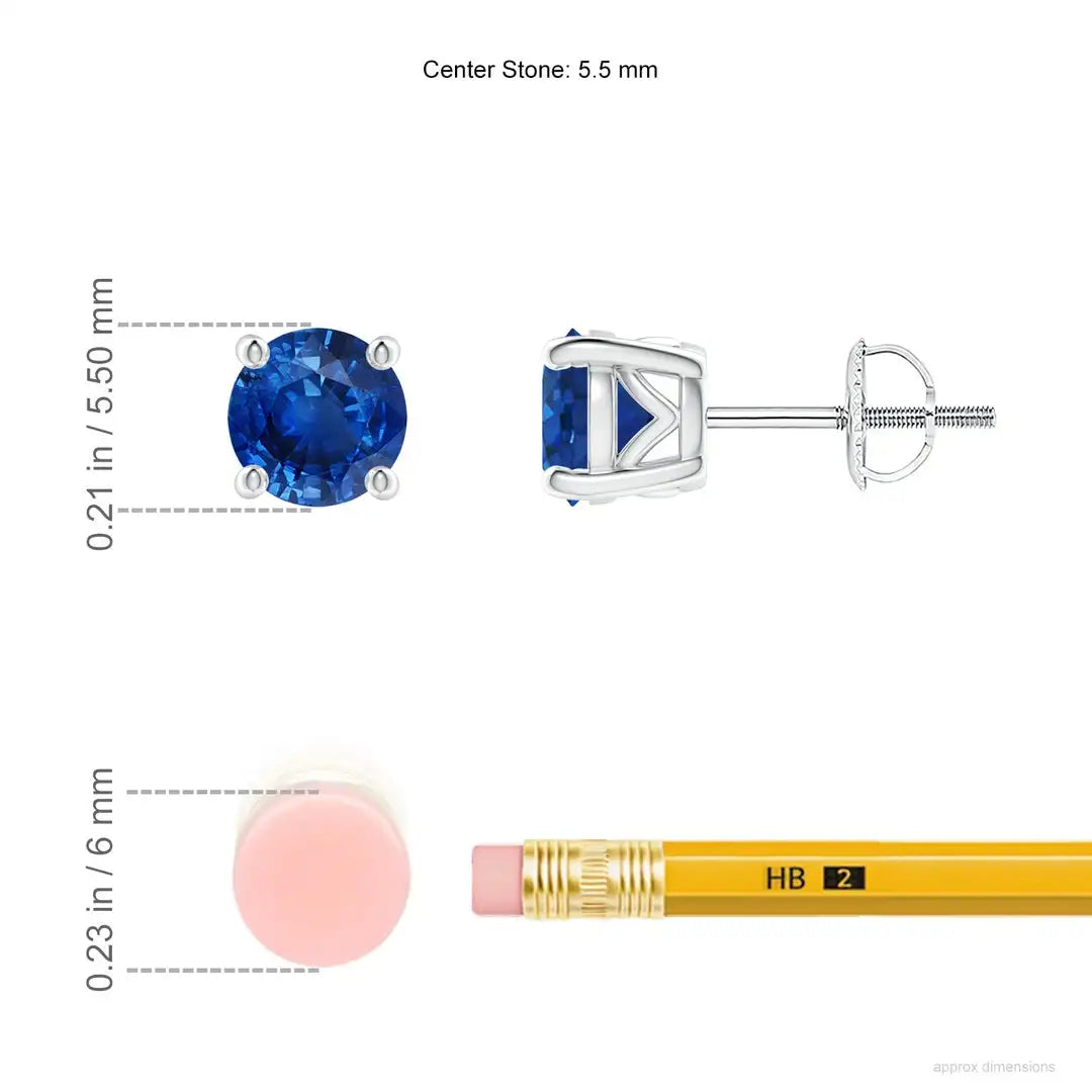 Natural Blue Sapphire Stud Earrings, 14kt White Gold Screw Back Royal Blue Gemstone Solitaire September Birthstone Earrings