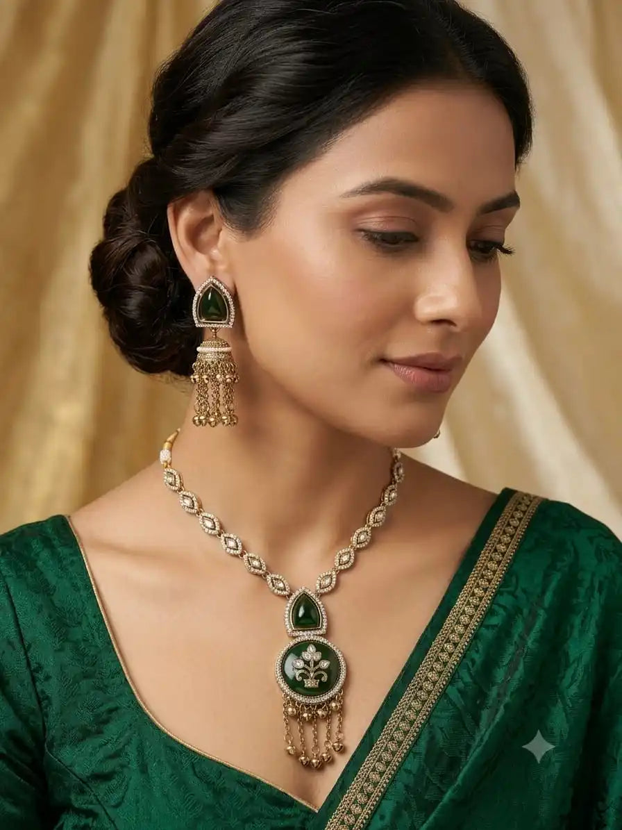 Elegant Green American Diamond Pendant Necklace Set for Women, Premium Gold Plated Bridal Jewelry Necklace with Matching Dangle