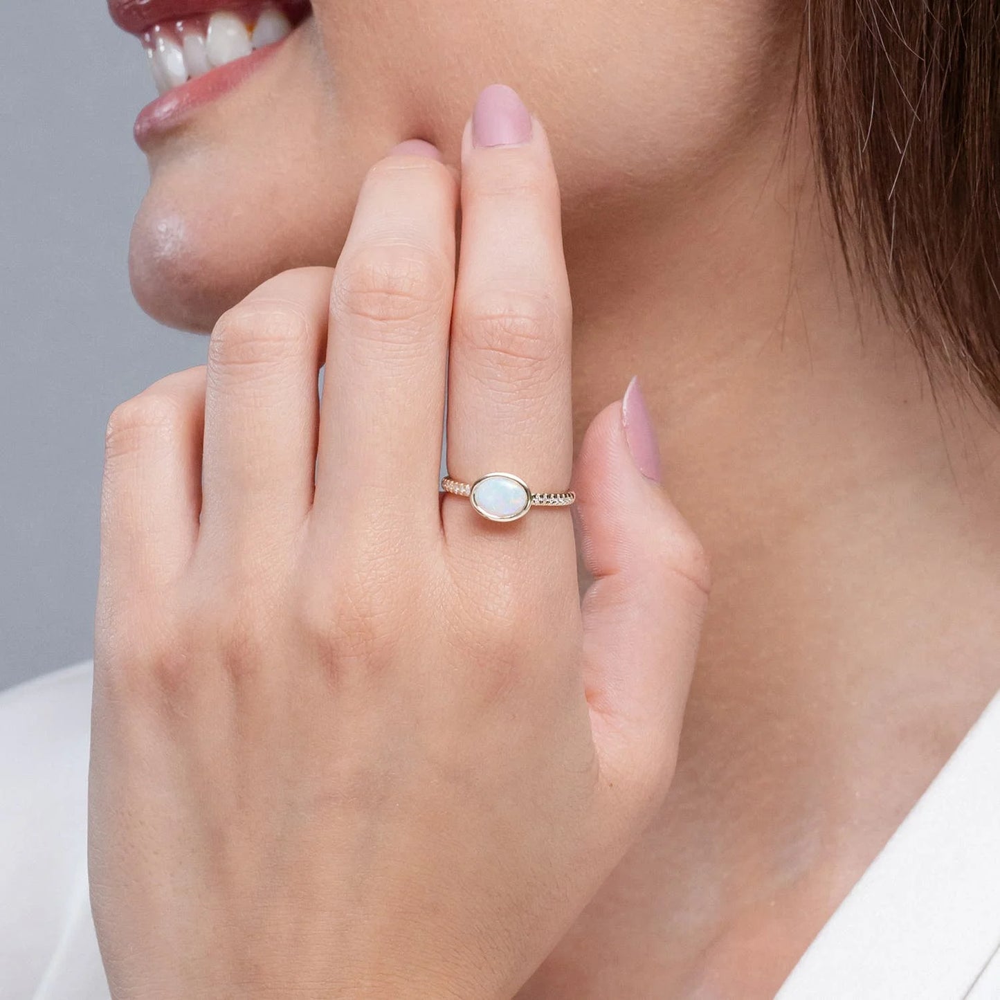 14K Gold Unique Design Oval Cut Natural Ethiopian Opal Gemstone Ring With Pave Accent Diamond Band Fine Jewelry Engagement Ring