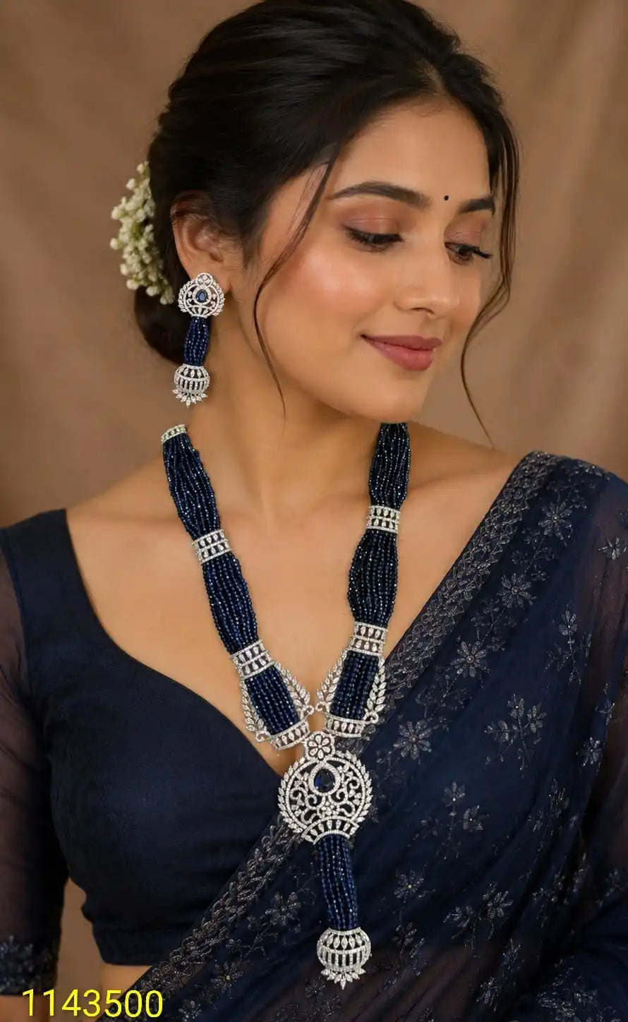 Premium Navy Blue Beads AD Necklace Set for Women Rhodium Plated Brass Bridal Party Wedding Elegant Designer Jewelry Set