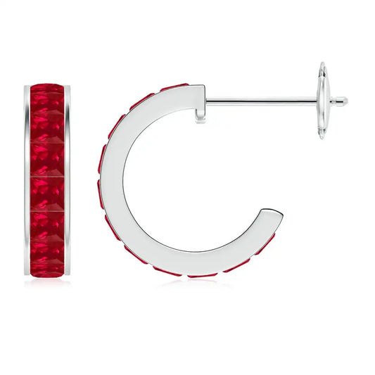 Ruby Hoop Earrings 14kt White Gold Channel Set Princess Cut Ruby Fine Jewelry Earrings for Women