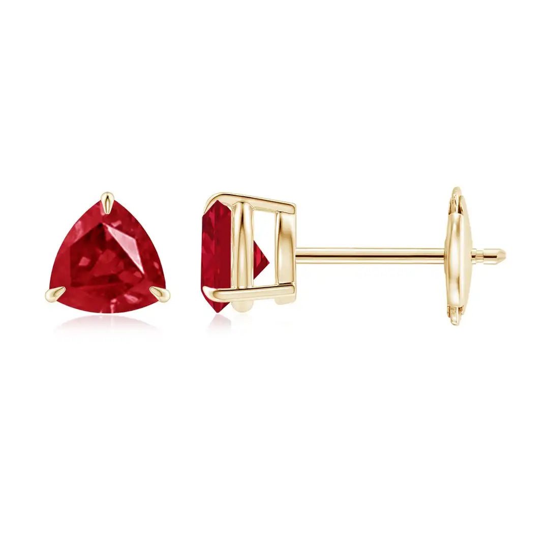 Minimalist Ruby Gold Earrings 14kt Solid Gold Trillion Cut Luxury Gemstone Jewelry for Women Prong Setting Ruby Jewelry