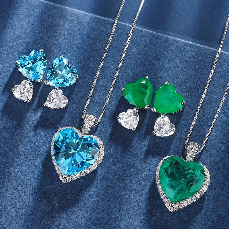 Gemfiori Luxury Colorful Crystal Heart Shaped Pendant Necklace Earring Jewelry Set for Women Valentines Day Wedding Romantic Jewelry Gift