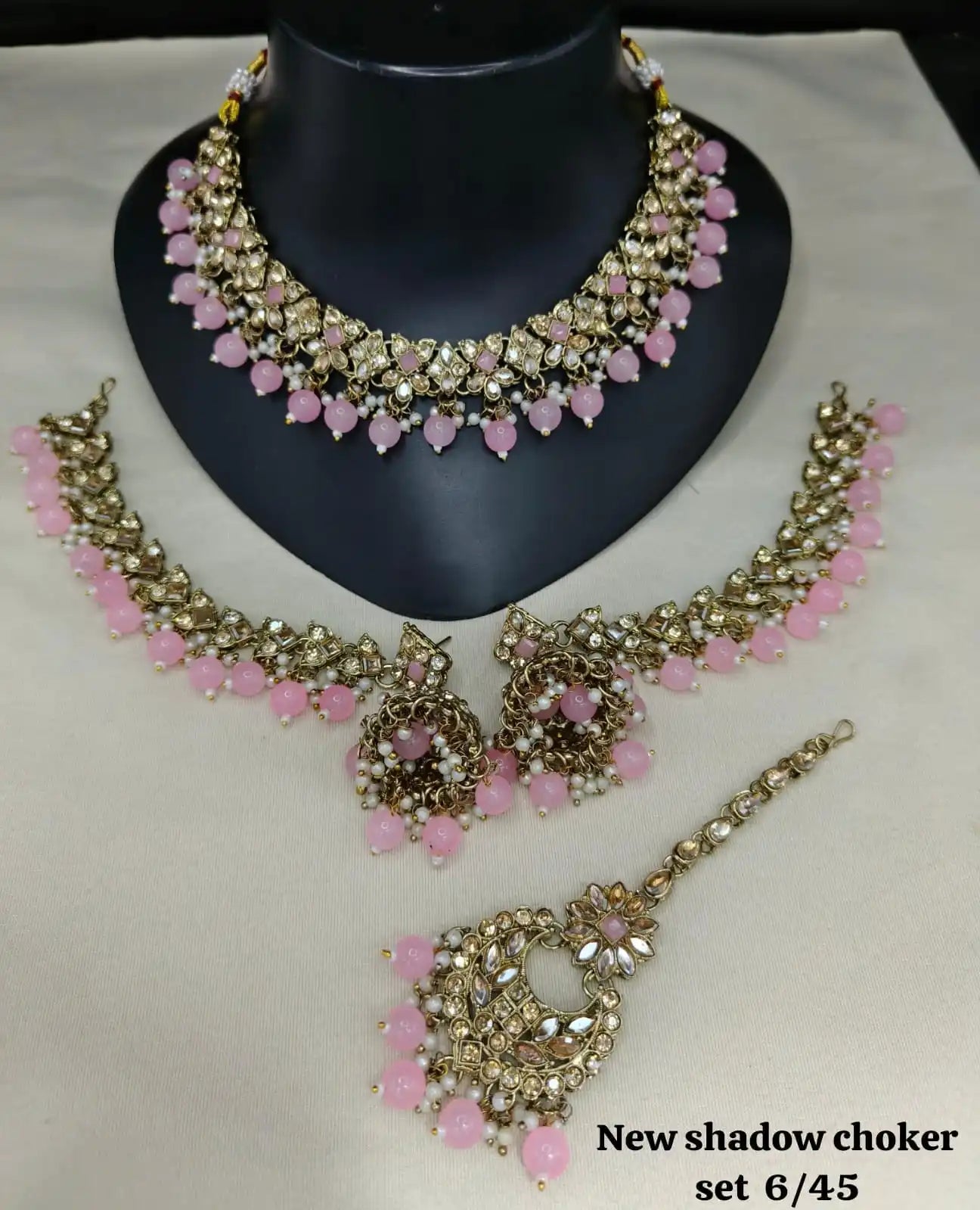 Indian Bridal Shadow Choker Necklace Set Gold Plated Kundan Style Jewellery with Matching Earrings Maang Tikka Set For Women