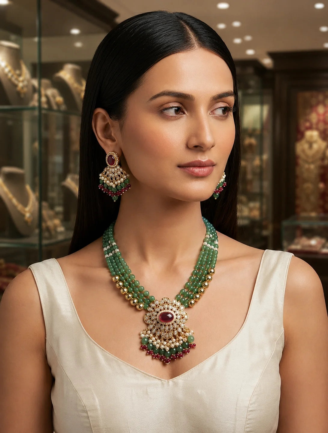 Luxury Green Beaded AD Polki Necklace Set for Women, Premium Bridal Wedding Jewellery, Traditional Indian Ethnic Jewellery Set