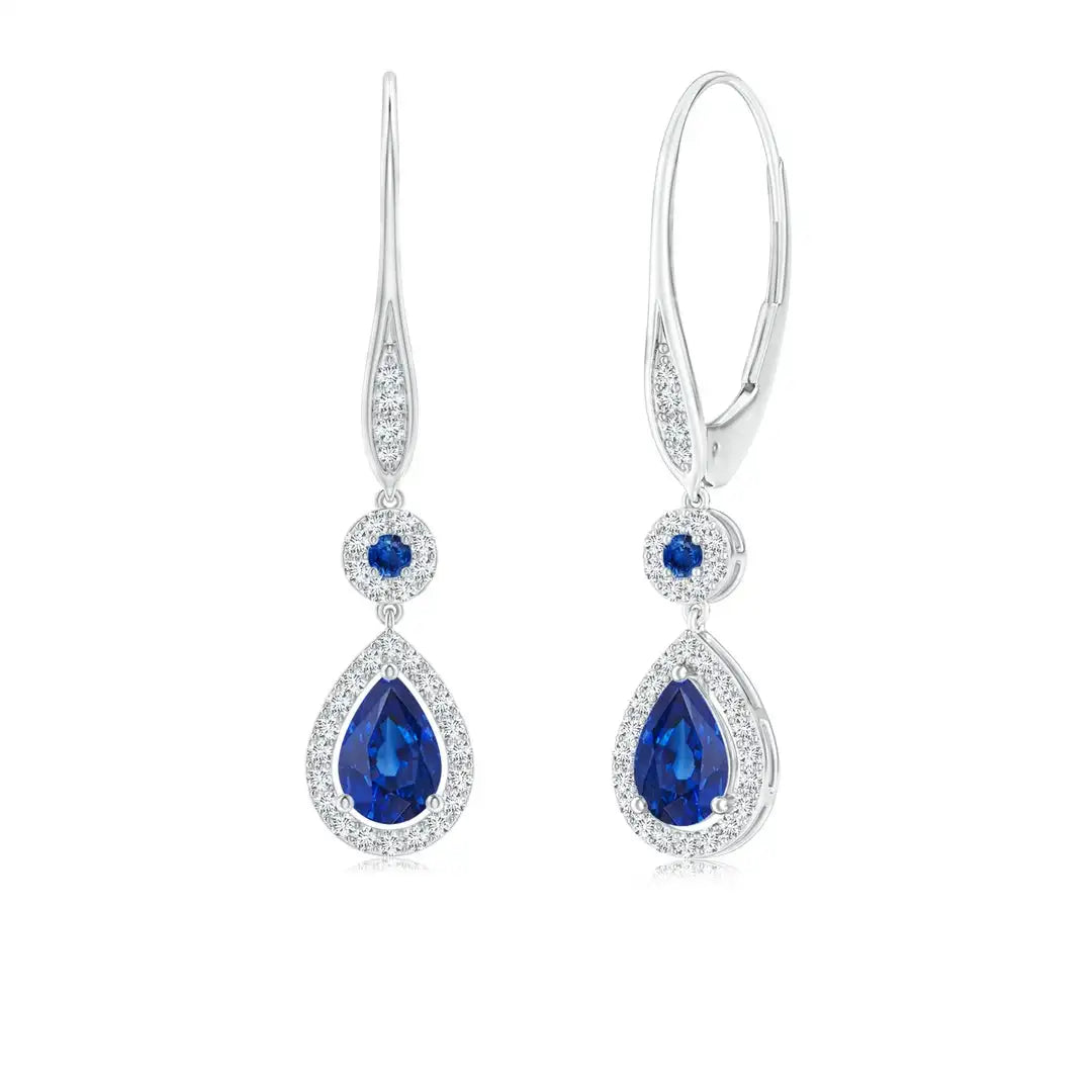 Blue Sapphire Pear and Round Halo Dangle Earrings With Real Diamond 14kt White Gold Women's Engagement Jewelry