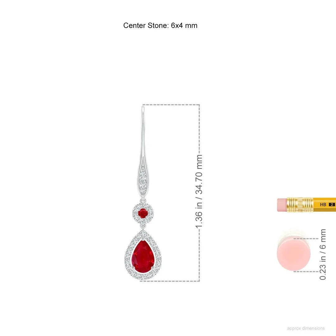 Pear Cut Ruby Halo Drop Dangle Earrings With Natural Diamond Accents 14kt Yellow Gold Women's Bridal Jewelry