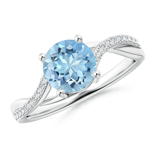 14K Solid Gold Natural Round Cut Solitaire Aquamarine Twisted Split Shank Ring Pave Setting Diamond Band Unique Engagement Ring