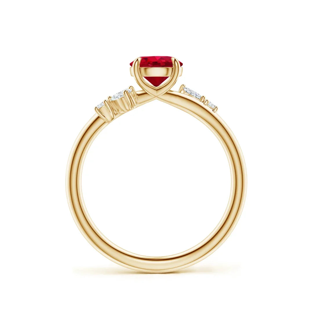 14K Gold Round Cut 1 Ctw Red Ruby Engagement Ring with Multi-Shape Diamond Accents Top Quality Handmade Custom Wedding Ring