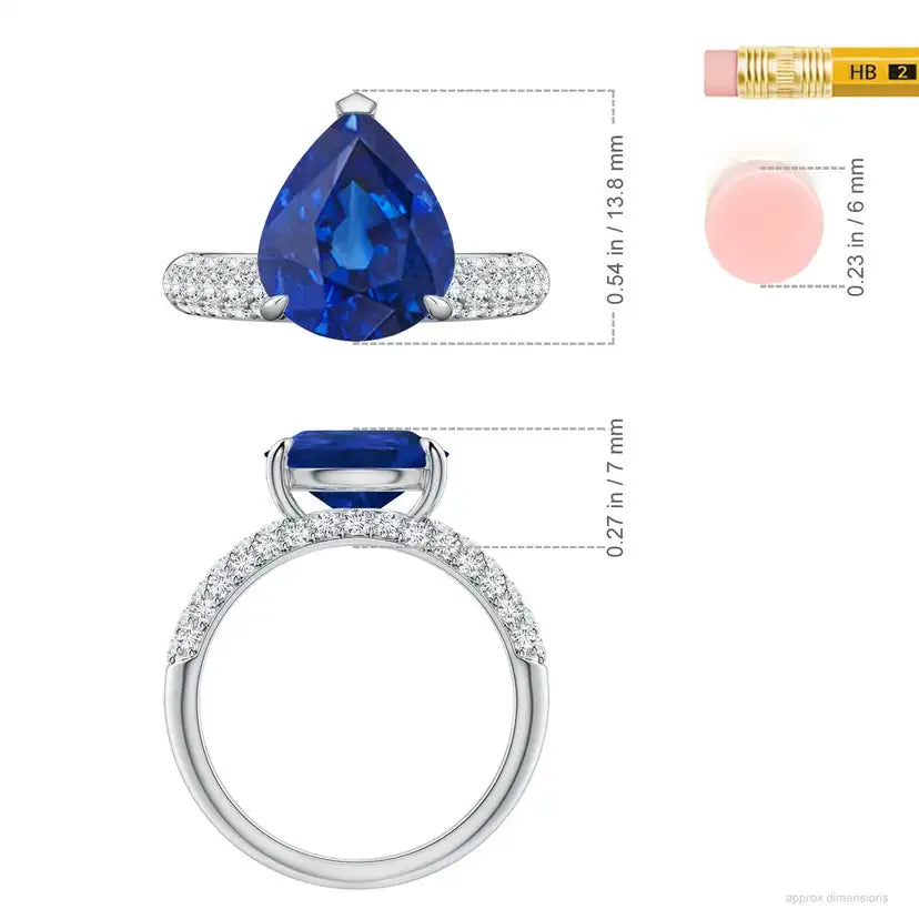 14K Solid Gold Off-Centered Pear Blue Sapphire Engagement Ring with Diamond Accents Handmade Customized Fine Jewelry Wedding