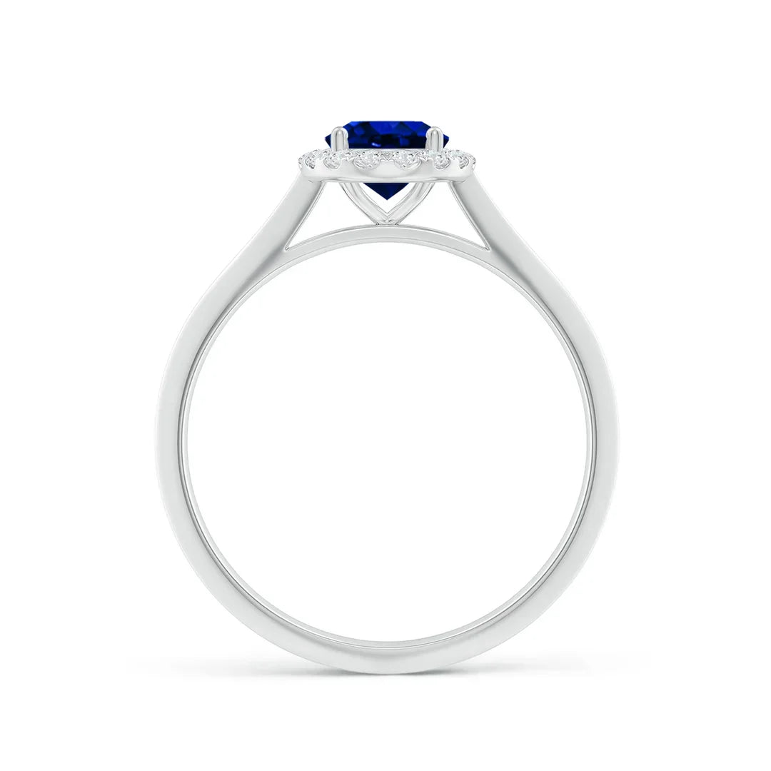 14K Solid Gold Oval Blue Sapphire Halo Knife-Edge Shank Engagement Ring Handmade Customized Fine Jewelry Wedding Engagement Ring