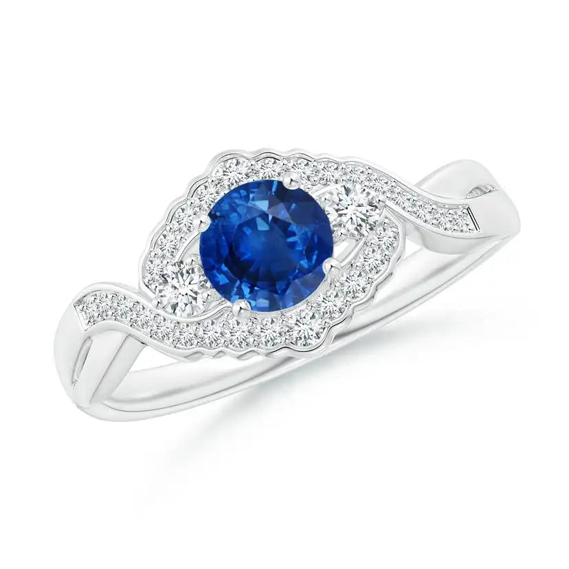 Aeon Vintage Style Sapphire & Diamond Floral Halo Three Stone Engagement Ring Handmade Customized Fine Jewelry 14K Solid Gold