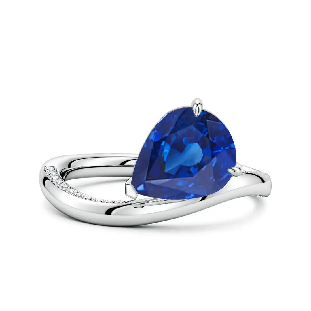 Angled Pear Blue Sapphire Curved Solitaire Engagement Ring Handmade Customized Fine Jewelry Wedding 14K Solid Gold