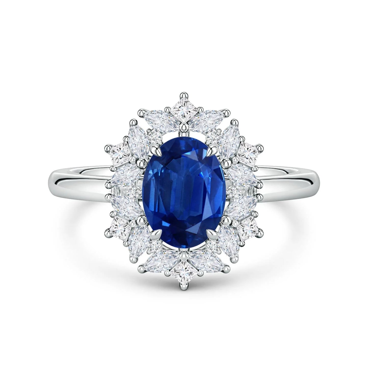 14K Solid Gold Oval Cut Natural Blue Sapphire Multi-Shape Ornate Halo Diamond Engagement Ring Unique Design Handmade Gold Rings