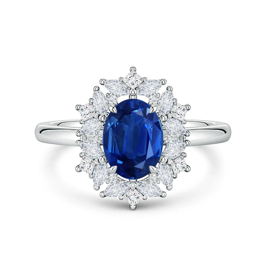 14K Solid Gold Oval Cut Natural Blue Sapphire Multi-Shape Ornate Halo Diamond Engagement Ring Unique Design Handmade Gold Rings