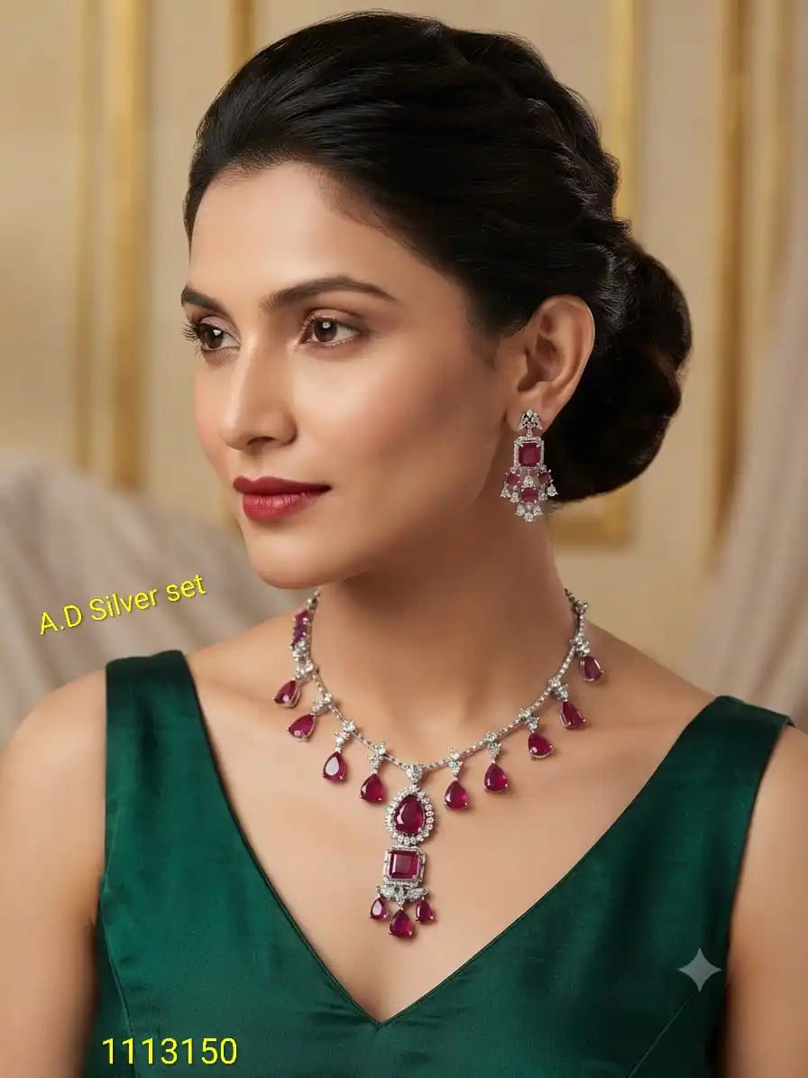 Luxury Silver Plated American Diamond Ruby Pink Stone Pendant Necklace Set for Women Wedding Party Wear Designer Jewelry